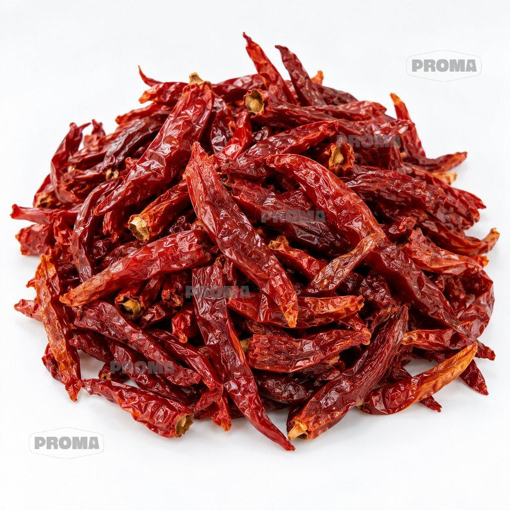 Whole dried red chillies with natural wrinkled skin supplied by PROMA Malaysia