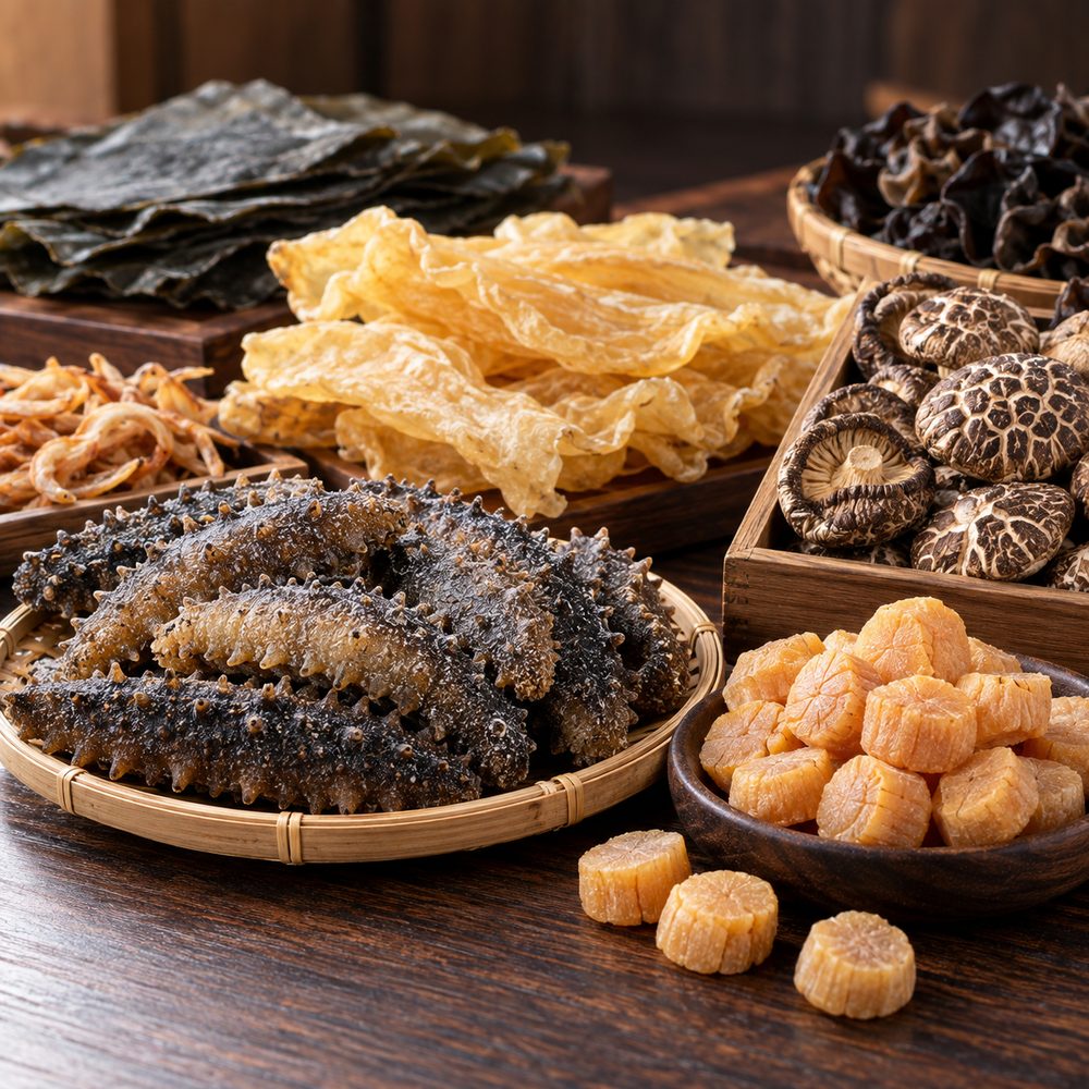 Dried sea cucumber, fish maw, scallops, shiitake mushrooms, kelp and wood ear fungus on wooden trays