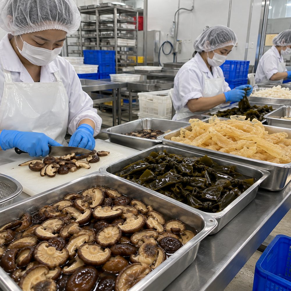 Workers in hairnets and gloves slicing shiitake mushrooms and preparing kelp and other soaked ingredients on a stainless steel line