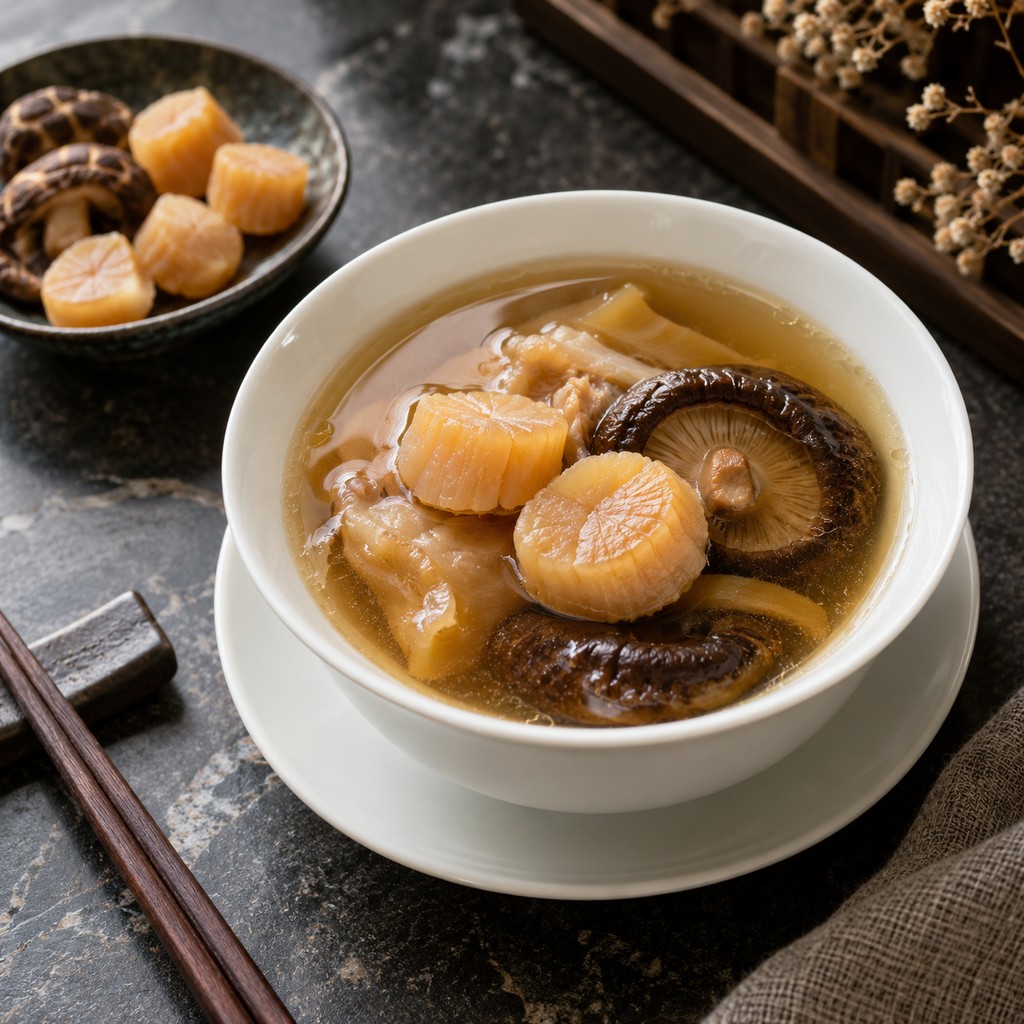 Double-boiled soup with dried scallops and mushrooms