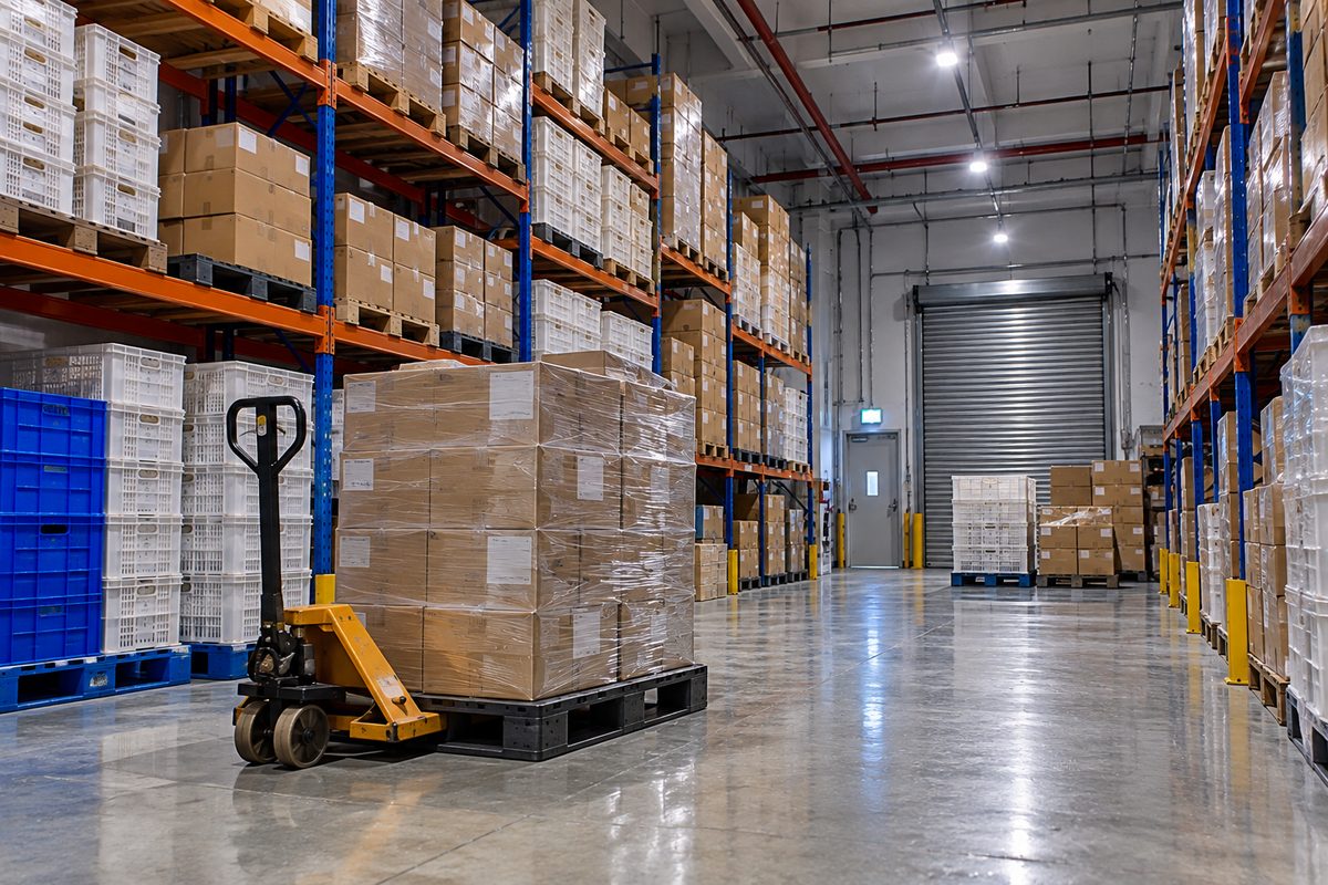 Warehouse aisle with racking of stacked cartons and crates and a pallet jack beside a shrink-wrapped pallet