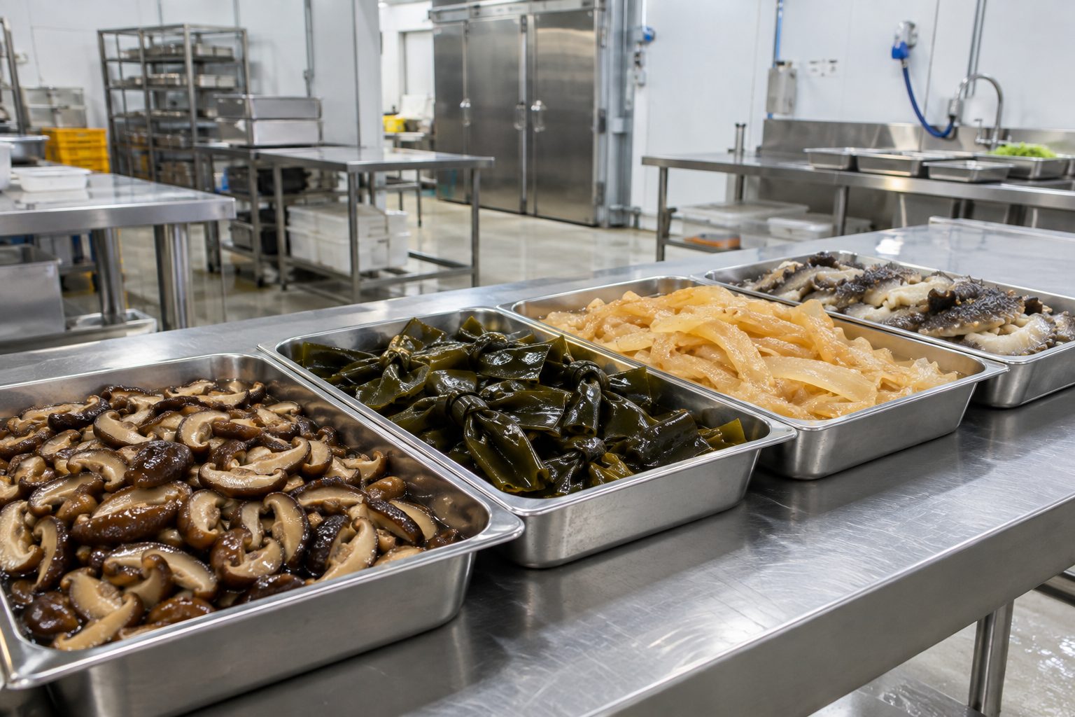 Stainless steel trays of soaked shiitake mushrooms, kelp knots, shredded jellyfish and sea cucumber in a food preparation kitchen