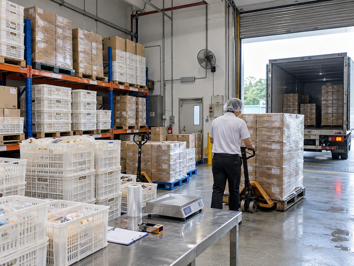 Worker using a pallet jack to move a shrink-wrapped pallet of cartons towards a delivery truck at a warehouse loading bay